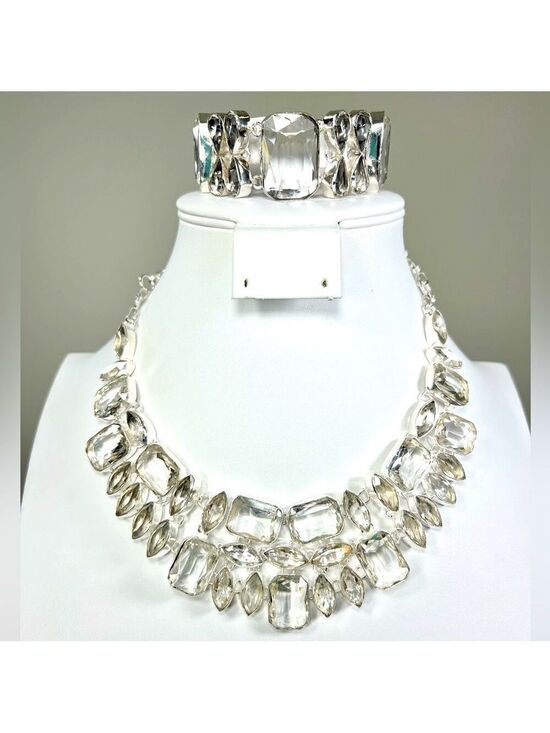 Handmade Jewelry - White Topaz 925 Synthetic Gemstone Large Necklace & Bracelet Set